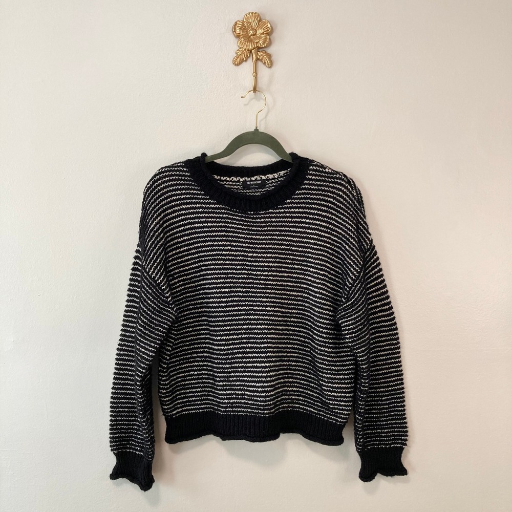 Black White Striped Chunky Knit Crewneck Sweater THE WORKSHOP L Nautical Preppy